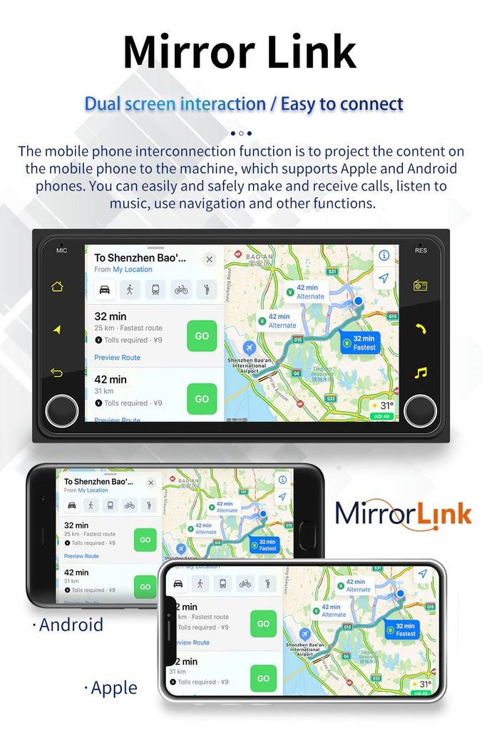 2 + 32G Android Stereo Apple Carplay / Android Auto Suit Toyota Including Rear View Camera GPS Bluetooth Touch screen