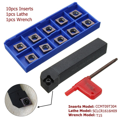 10PCS CCMT09T304 Carbide Inserts + SCLCR1616H09 Holder Lathe Turning Tool Cutter