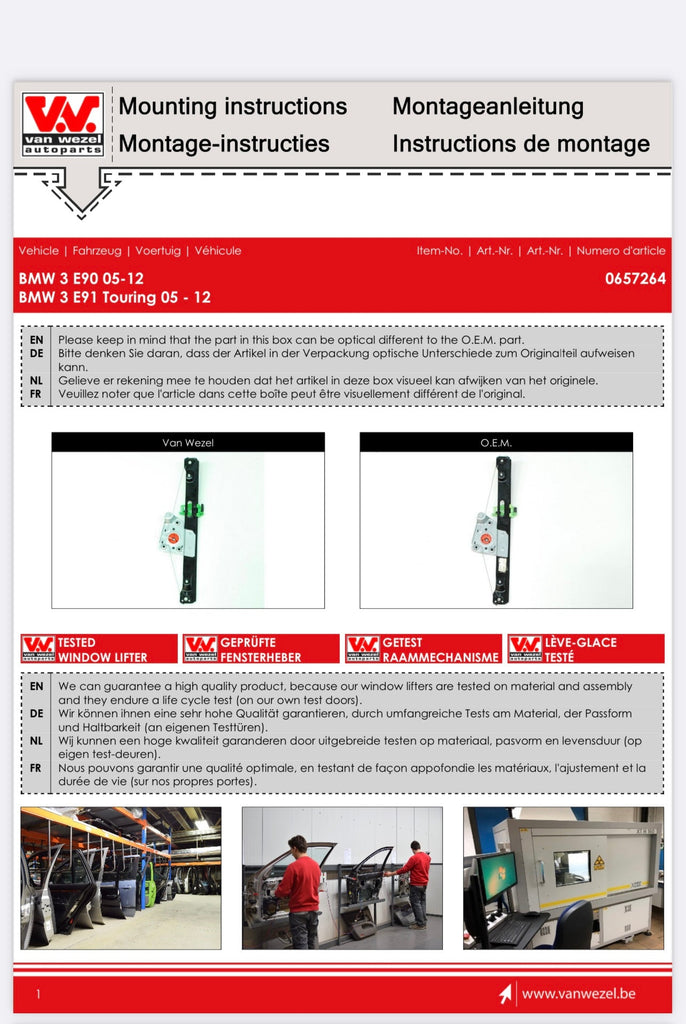 Right Rear Window Regulator Fit All BMW E90 E91 51357140590 Window Regulator VAN WEZEL