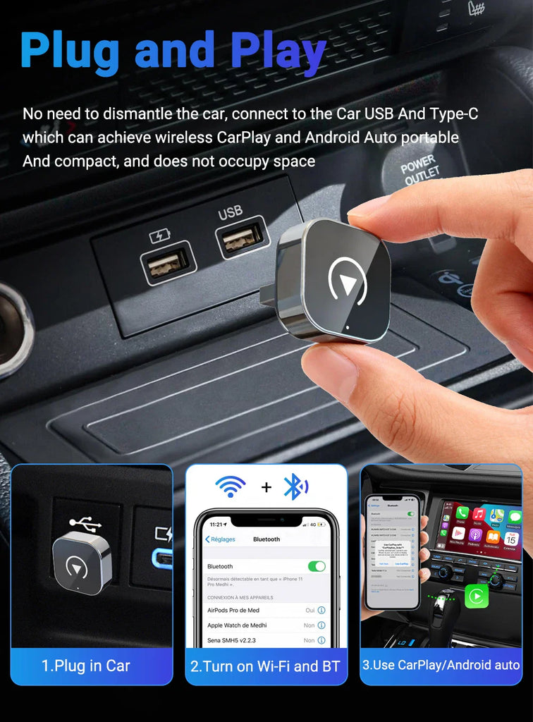 2in1 Wireless CarPlay Adapter Android Auto AI Smart Box Car Intelligent Systems For VW Audi Skoda Toyota Nissan Honda Ford Benz