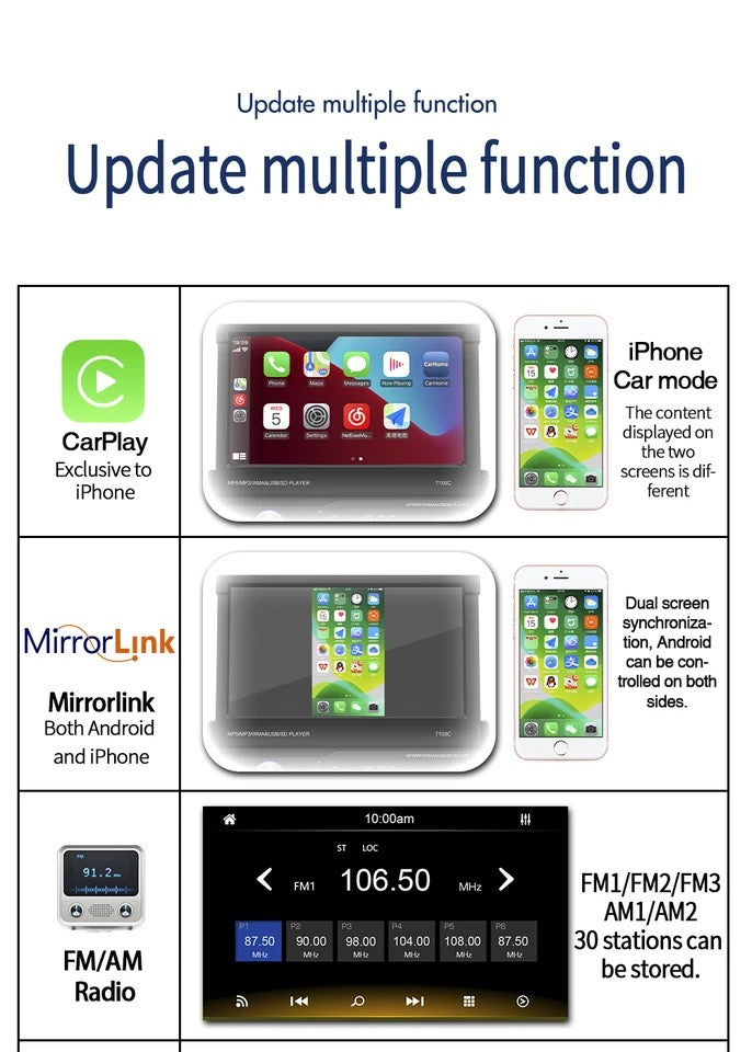 1Din Carplay Radio Car MP5 Player Mirror Link Handsfree With Camera 7" Touch Screen USB TF Video Audio Head Unit
