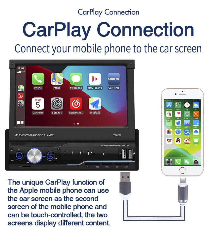 1Din Carplay Radio Car MP5 Player Mirror Link Handsfree With Camera 7" Touch Screen USB TF Video Audio Head Unit