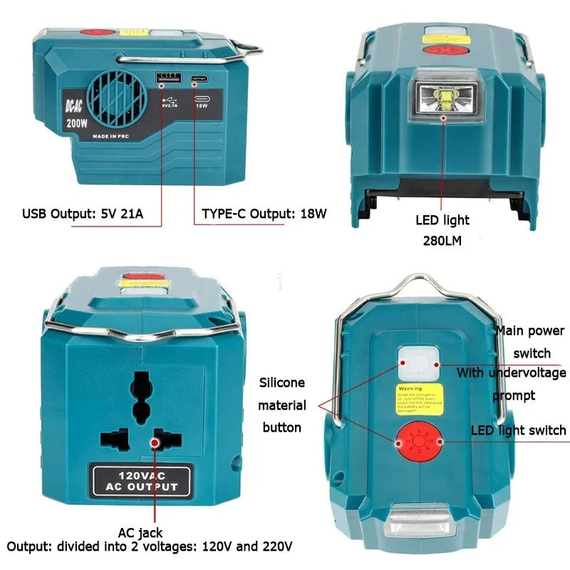 Outdoor Portable Inverter 200W AC 220V Modified Sine Wave Power Adapter 200W Power Inverter Compatible with Bosch 18v Batteries